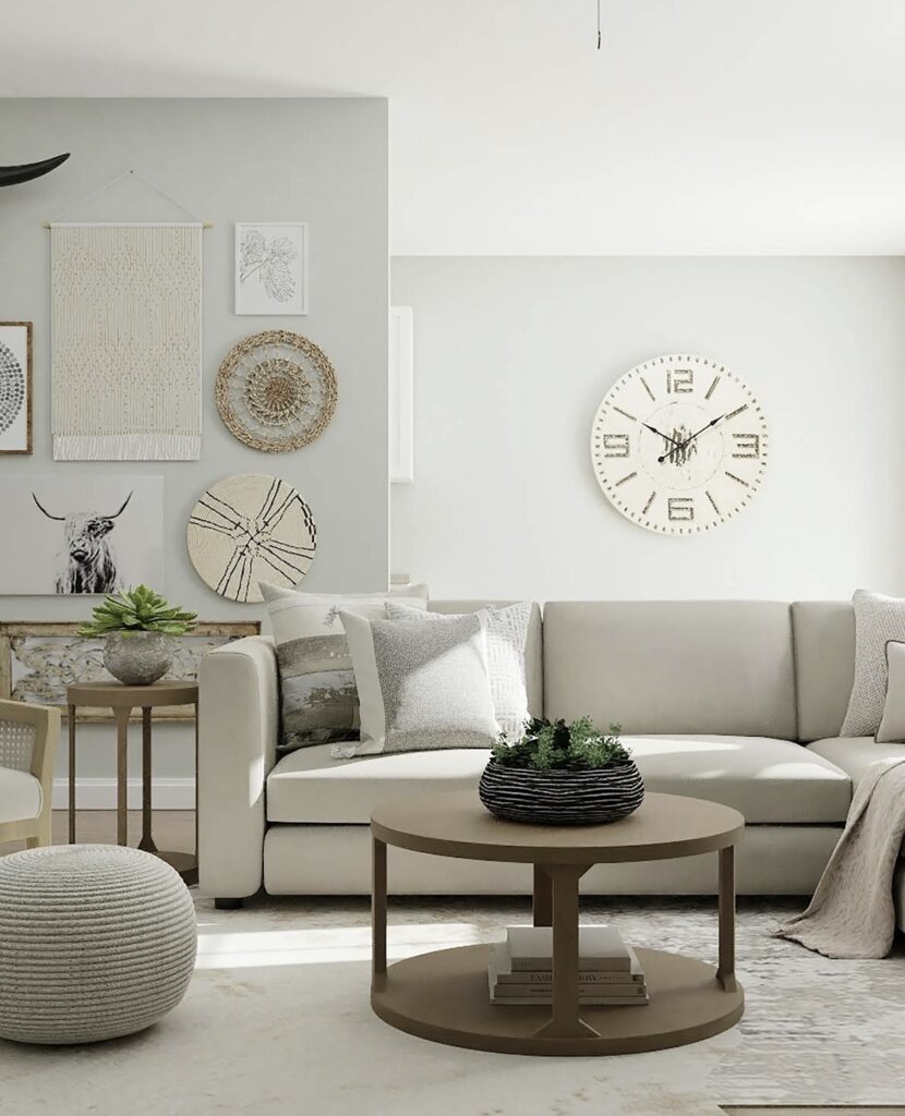 Cream sofa with minimal styling beside a round table
